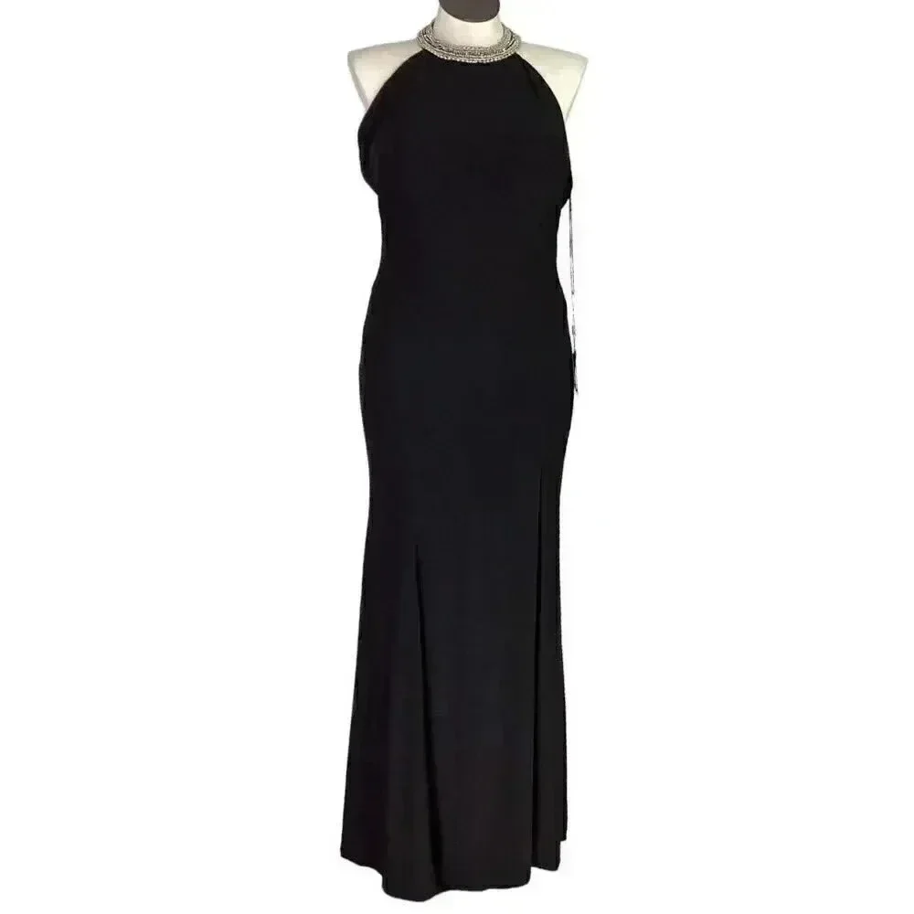 Mac Duggal Body Con Gown Dress Womens 12 Black Beaded Halter Jersey Maxi NEW